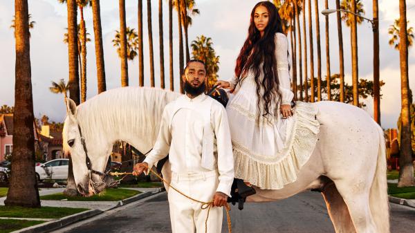 Free nipsey hussle with girl model wearing white dress holding rope of horse 4k hd music wallpaper download