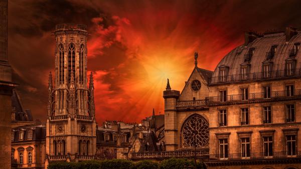 Free paris church with background of red sky and sunbeam hd travel wallpaper download