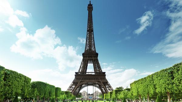 Free paris eiffel tower and trees on side with blue sky background during sunny day hd travel wallpaper download