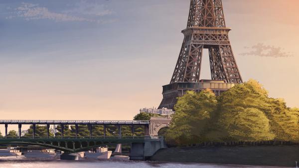 Free paris eiffel tower on side with background of sky and clouds 4k hd travel wallpaper download