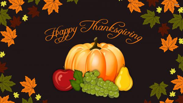 Free pumpkin apple green grapes in brown background hd thanksgiving wallpaper download