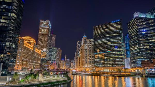 Free river between chicago city buildings in usa hd travel wallpaper download