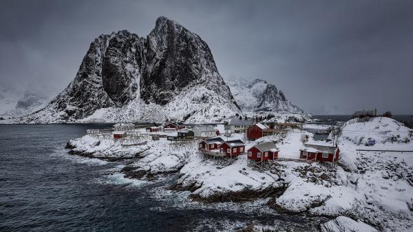 Free rock covered bay house lofoten rock mountain norway during winter hd travel wallpaper download