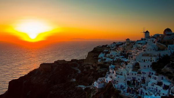 Free santorini during sunset aegean sea coast greece hd travel wallpaper download