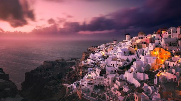 Free santorini sea greece house island rock during sunset 4k hd travel wallpaper download