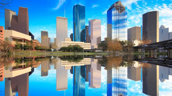 Free sky height buildings in texas with reflection on lake hd travel wallpaper download