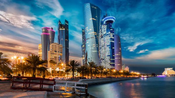 Free skyscrapers near river qatar during evening time 4k 5k hd travel wallpaper download