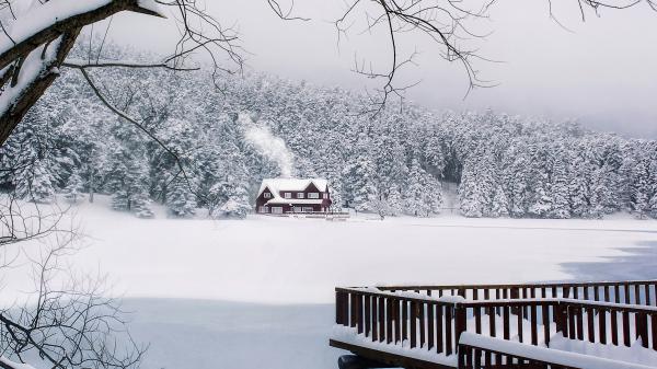 Free snow covered house and forest golcuk lake turkey hd travel wallpaper download