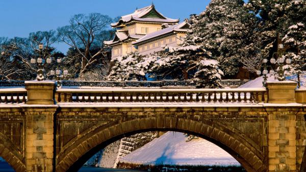 Free snow covered japan palace with bridge hd travel wallpaper download