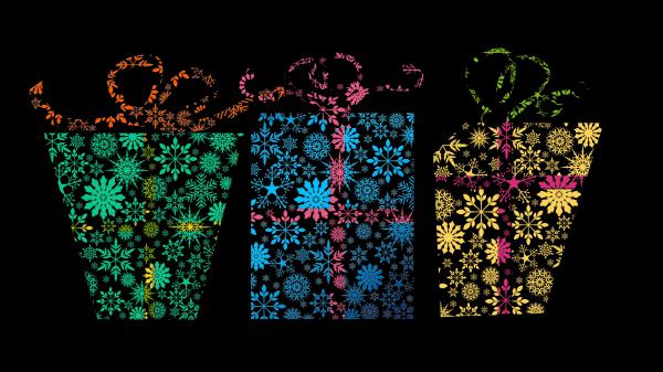 Free snowflake gift box pattern with black background 4k 5k hd abstract wallpaper download