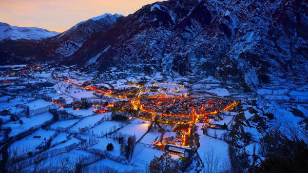 Free spain village with lights in mountain background during nighttime 4k 5k hd travel wallpaper download