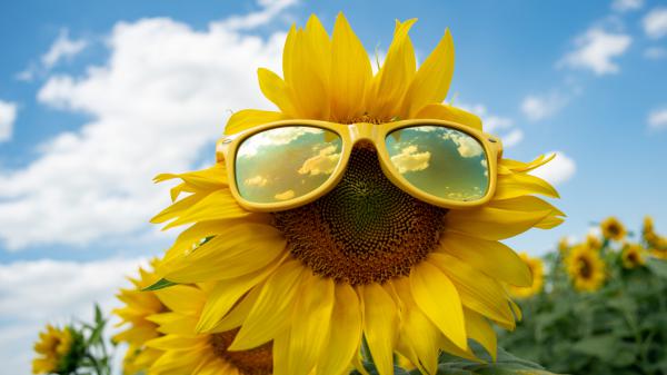 Free sunflower with sunglass with background of blue sky 4k 5k hd flowers wallpaper download