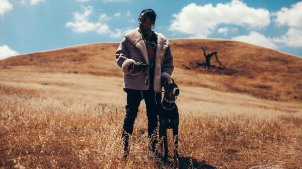 Free travis scott is standing with dog on dry grass in cloudy sky background 4k 5k hd travis scott wallpaper download