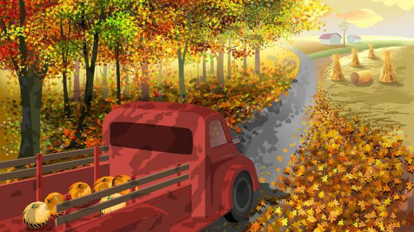 Free truck on road with pumpkins hd thanksgiving wallpaper download