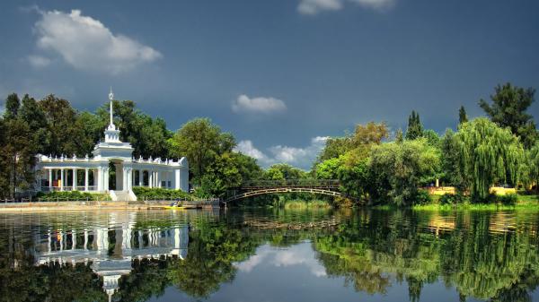 Free ukraine bridge park with reflection on river hd travel wallpaper download