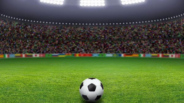 Free white black ball on green grass in audience background hd football wallpaper download