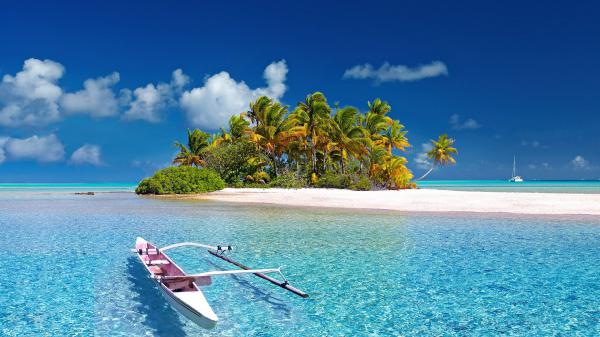 free white boat on calm body of water and island hd beach wallpaper download