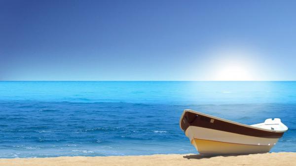 free white brown boat on beach sand with calm body of water hd beach wallpaper download