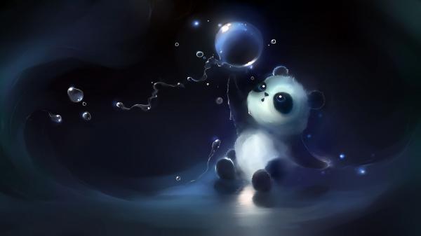 Free white panda is playing with bubble in blue background hd panda wallpaper download