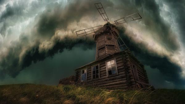 Free windmill under cloudy thunderstorm hd travel wallpaper download