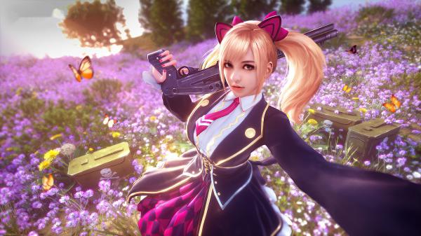 girl with gun in background of purple flowers 4k hd garena free fire