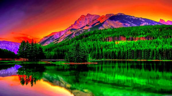 green trees with reflection on river and mountains under colorful sky hd nature